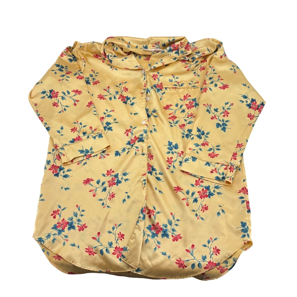 Romantic Moods Yellow Floral‎ Satin Sleep Shirt Button Front Nightgown Large